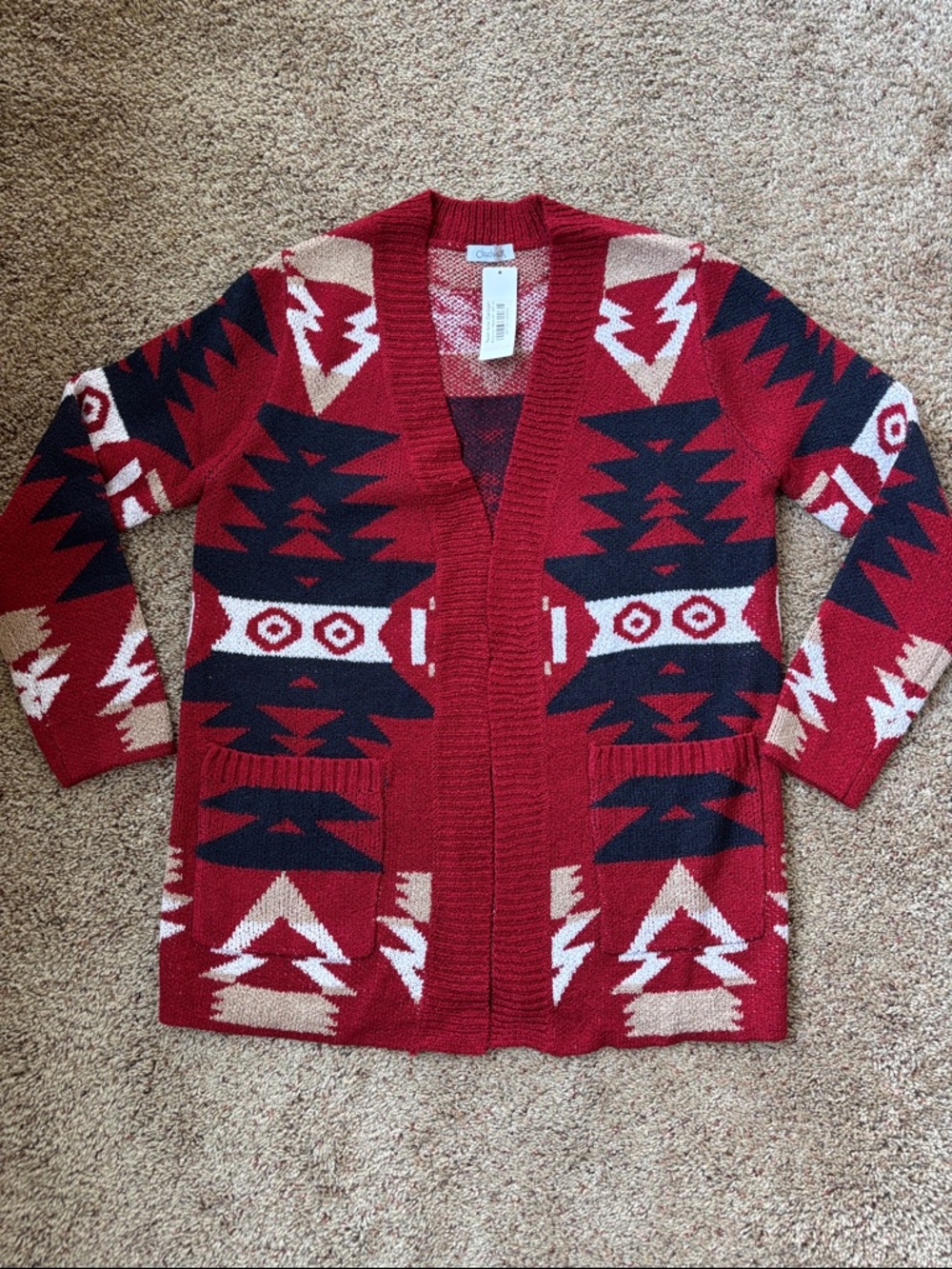 Women's Red Aztec-Pattern Open Cardigan Sweater